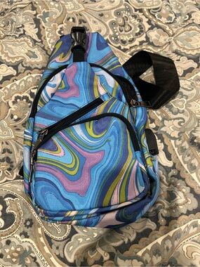 Blue Multi-Swirl Anti-Theft Sling Bag w/USB Charging